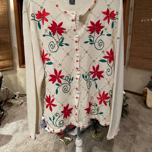 Ivory with Red Poinsettia XL Sweater - Picture 4 of 4